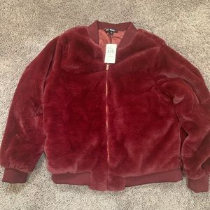 Burgundy faux fur bomber jacket
